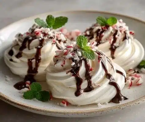 Plate of festive peppermint meringues ready for holiday celebrations.