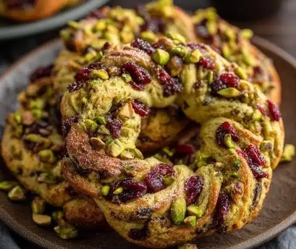 Pistachio Cranberry Wreath Cookies with festive decorations
