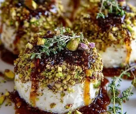 Pistachio-Crusted Brie Rounds with Fig Jam Glaze served on a platter