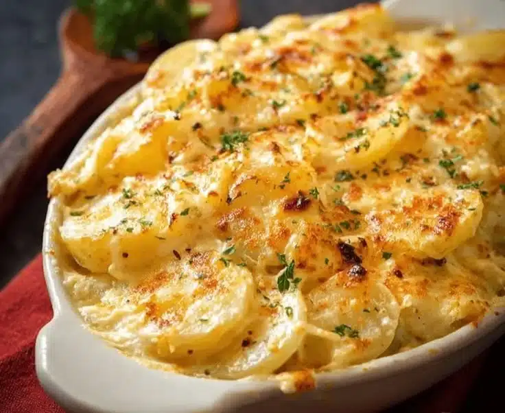 Ruth's Chris Gratin Potatoes topped with cheese and herbs in a baking dish
