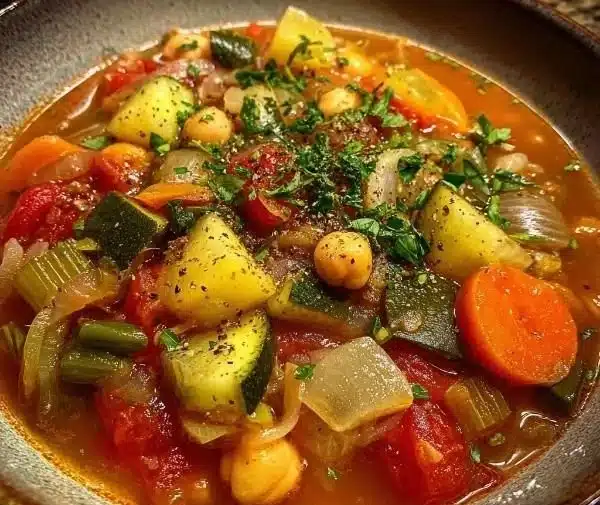 Bowl of savory hearty Mediterranean vegetable soup with colorful vegetables.