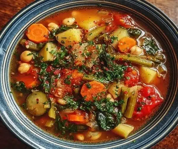 Bowl of hearty Mediterranean vegetable soup with fresh vegetables and herbs