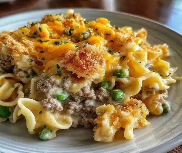 Sour Cream Beef Noodle Casserole topped with cheese and herbs in a baking dish
