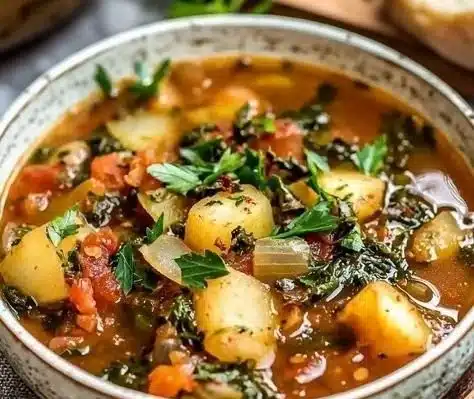 Bowl of Southern collard green potato stew with leafy greens and potatoes