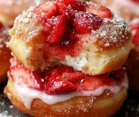 Delicious strawberry cheesecake stuffed donuts on a plate