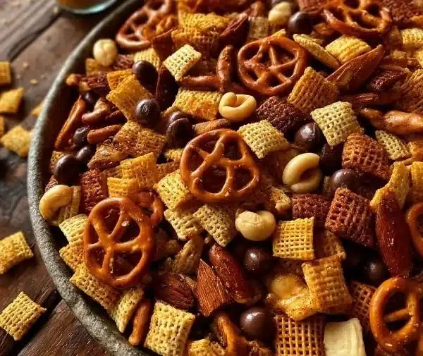 Sweet and Smoky Party Mix snack bowl with assorted ingredients
