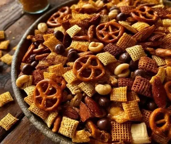Delicious Sweet & Smoky Party Mix in a bowl ready for serving at gatherings