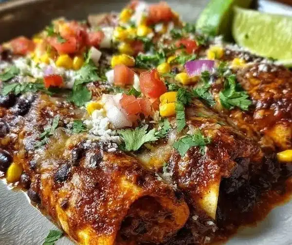 Delicious vegetarian black bean enchiladas topped with cheese and garnish