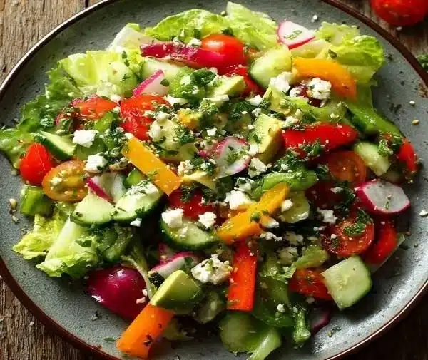 Zesty Crunchy Divorce Salad with Fresh Vegetables 9 Zesty Crunchy Divorce Salad topped with fresh vegetables and a delicious dressing