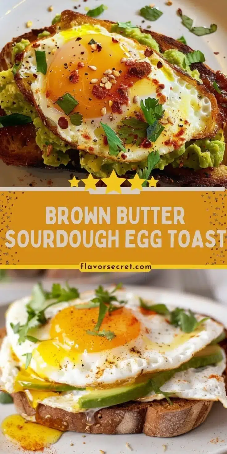 A plate of brown butter sourdough egg toast topped with a fried egg and herbs.