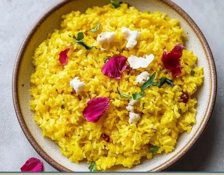 Delicious and healthy garlic turmeric rice dish served in a bowl.