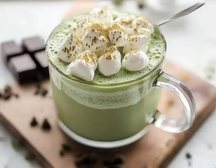 Delicious 4-ingredient matcha hot chocolate in a mug topped with whipped cream
