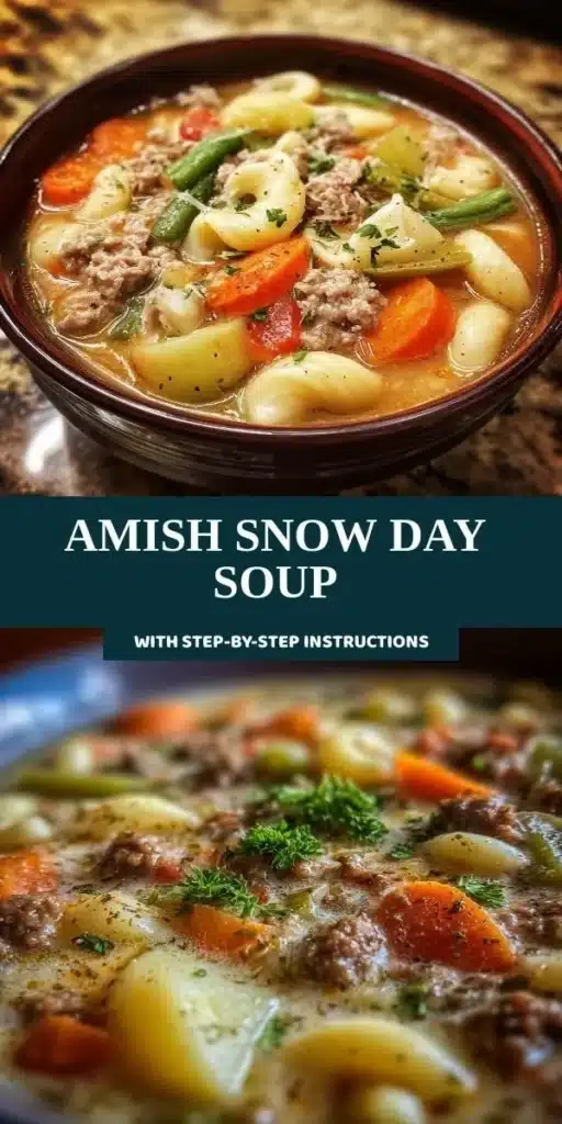 A steaming bowl of Amish Snow Day Soup ready for a chilly day.
