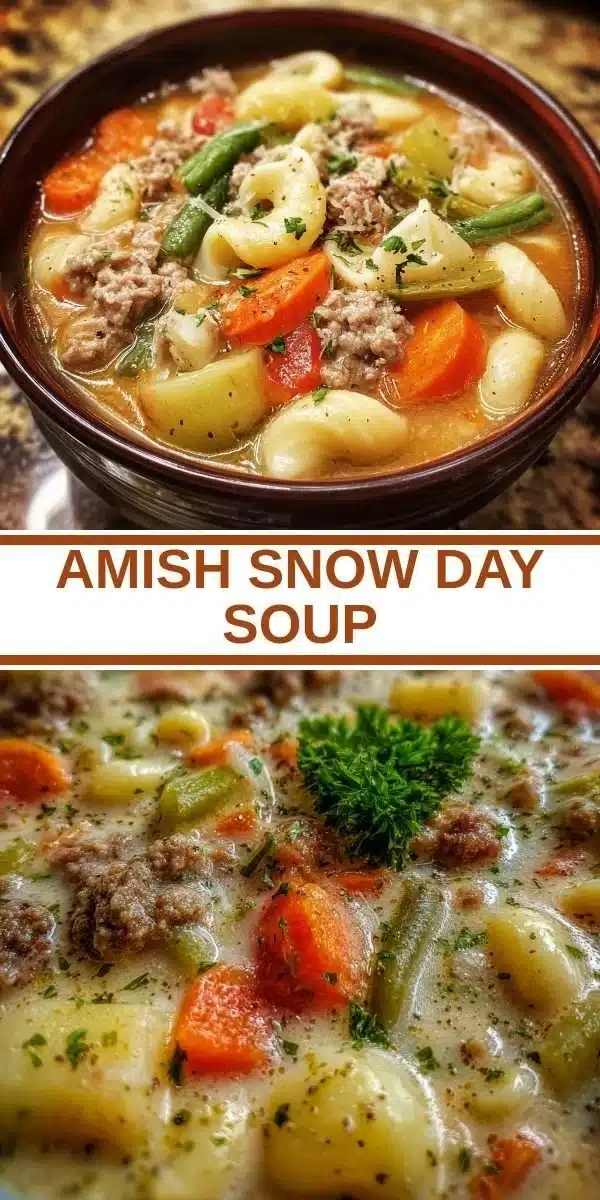 Bowl of Amish Snow Day Soup steaming on a snowy table