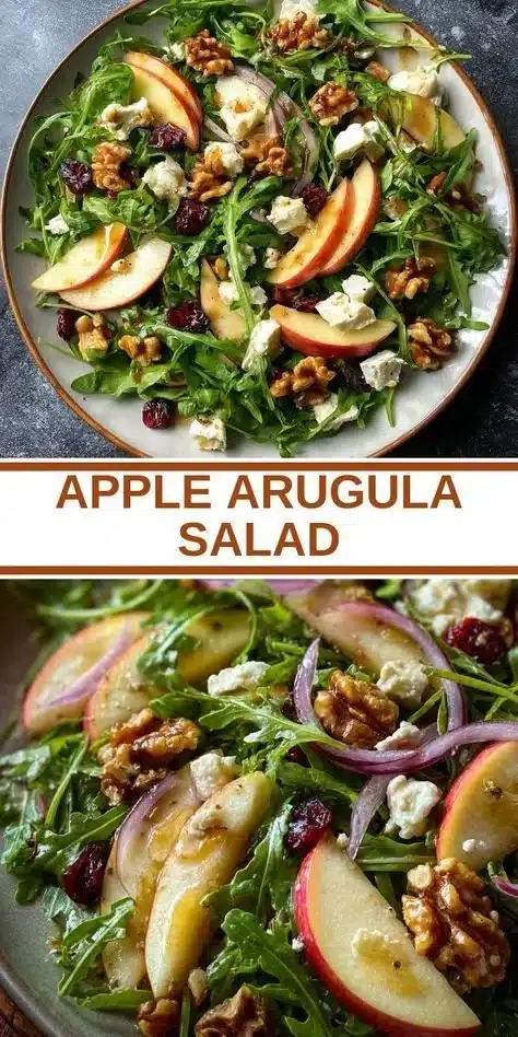 A colorful bowl of apple arugula salad with nuts and dressing.