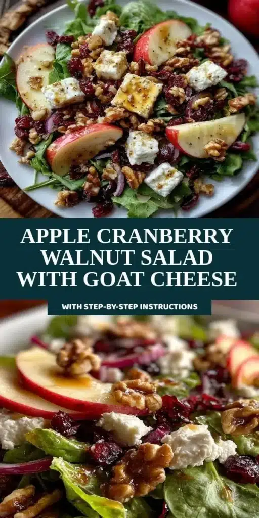 Apple Cranberry Walnut Salad topped with Goat Cheese on a wooden table