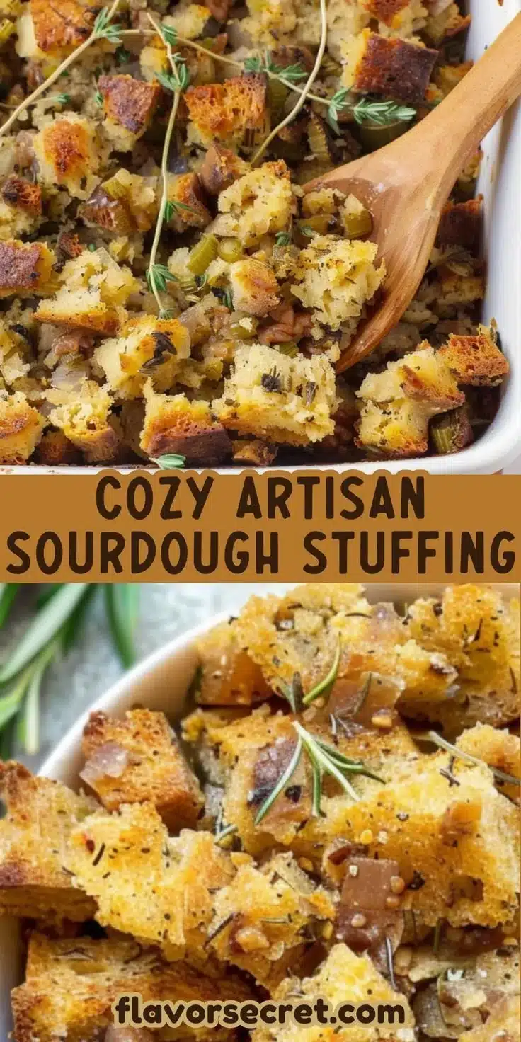 Bowl of artisan sourdough stuffing with herbs and vegetables