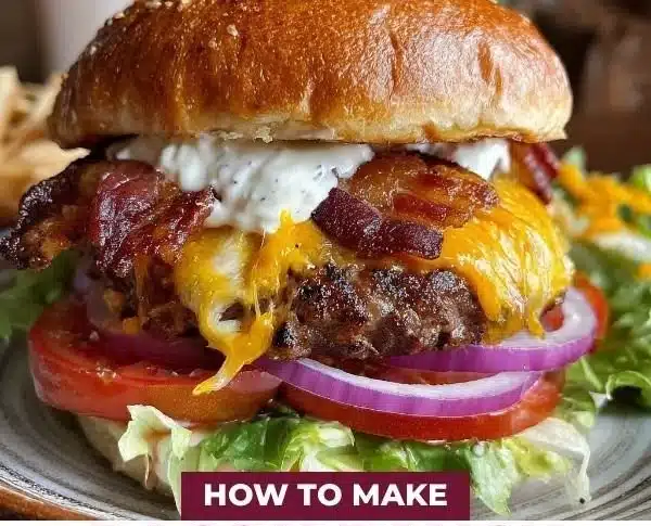 Bacon Ranch Cheeseburger 4 Delicious Bacon Ranch Cheeseburger with crispy bacon and ranch dressing