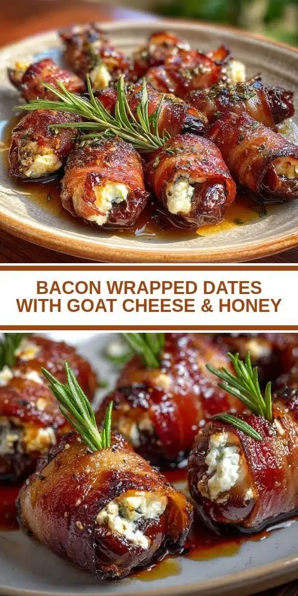 Bacon wrapped dates stuffed with goat cheese and honey on a serving platter