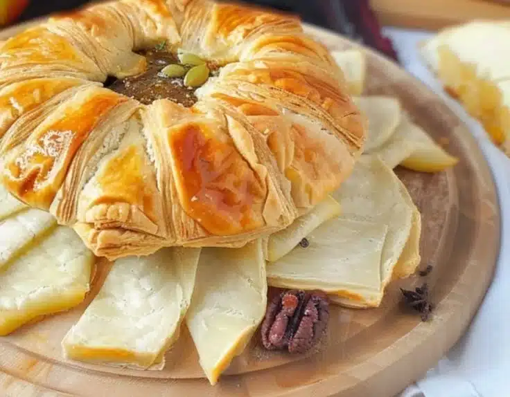 Baked Brie in crust topped with honey and thyme, served on a wooden board