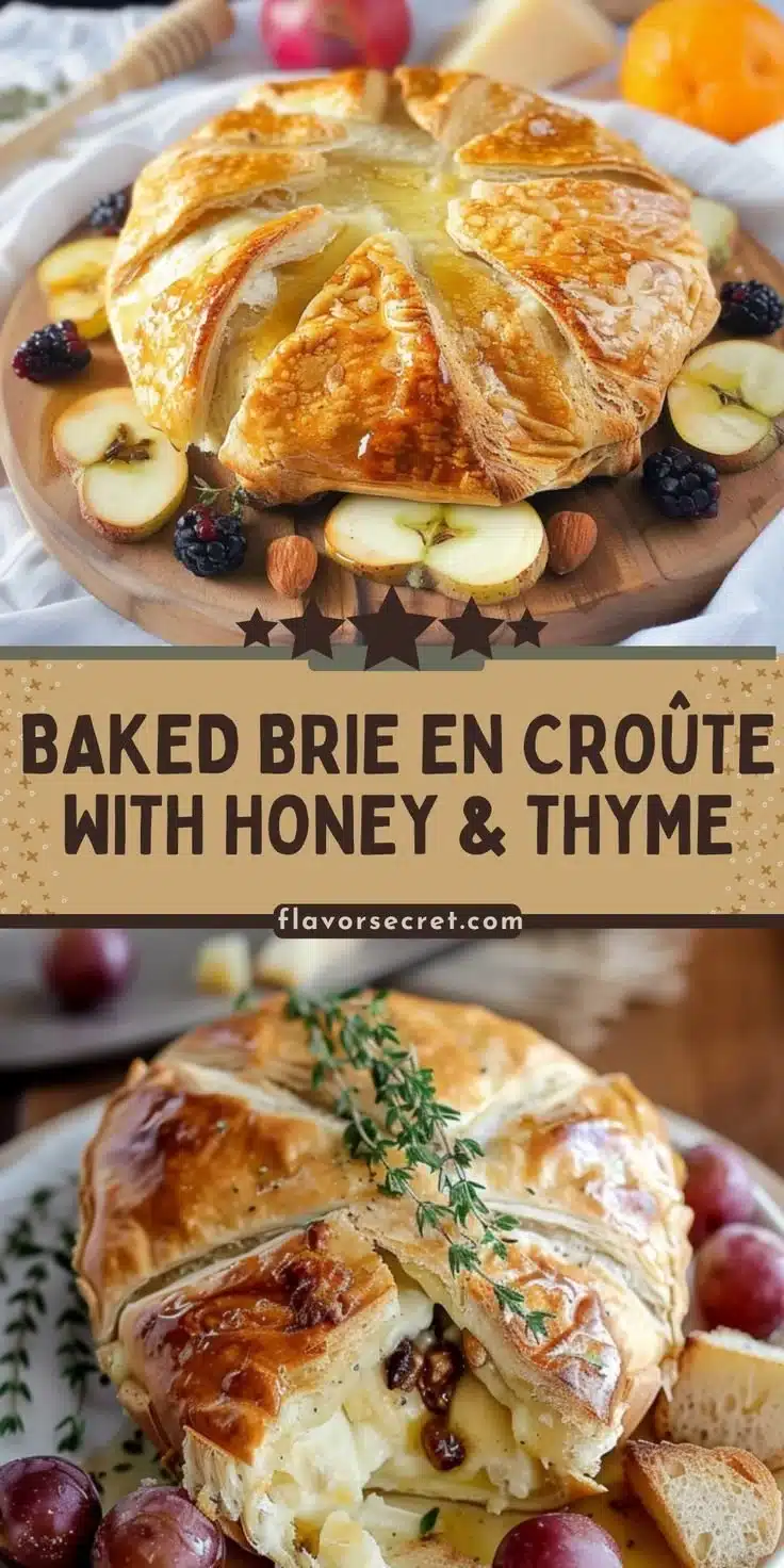 Baked brie in crust drizzled with honey and garnished with thyme
