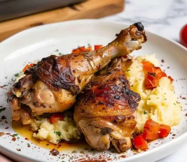 Baked chicken drumsticks with paprika yogurt sauce on a serving plate