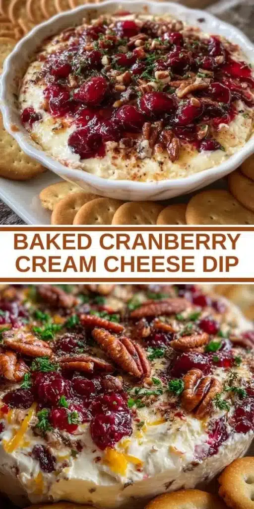 Baked cranberry cream cheese dip served with crackers and herbs.