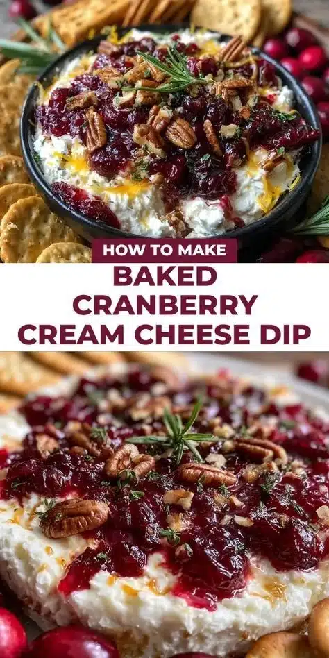 Baked cranberry cream cheese dip served in a dish with crackers