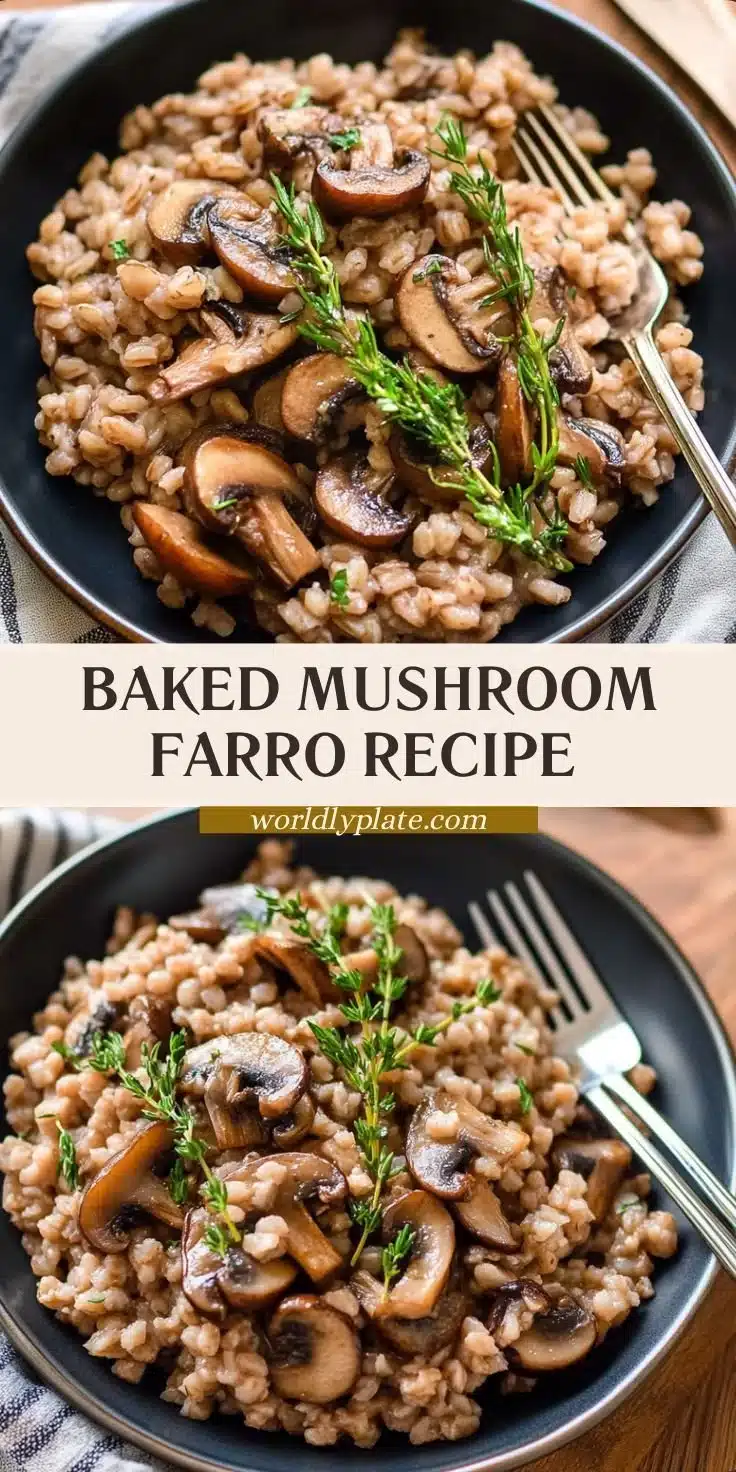 A bowl of Baked Mushroom Farro with Thyme, garnished and ready to serve.