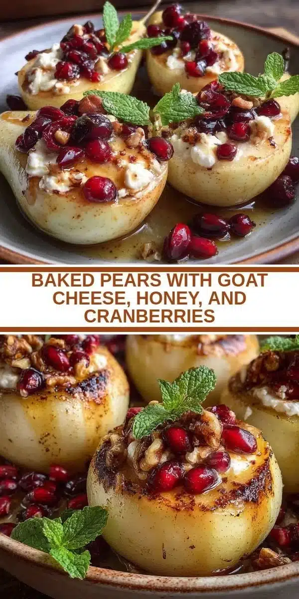 Baked Pears with Goat Cheese, Honey, and Cranberries 2 Baked pears topped with goat cheese, honey, and cranberries on a serving plate.