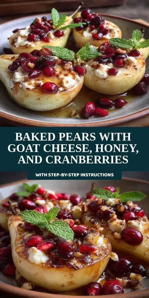Baked Pears with Goat Cheese, Honey, and Cranberries 8 Baked pears topped with goat cheese, honey, and cranberries on a plate.