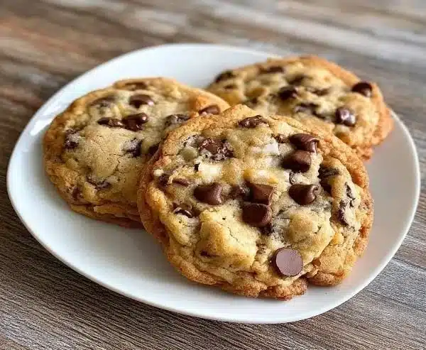 Freshly baked bakery style chocolate chip cookies on a cooling rack