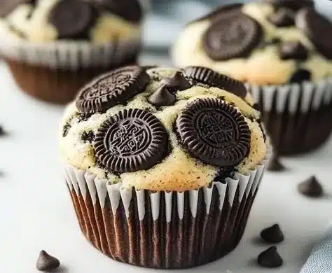 Bakery-style Oreo muffins topped with Oreo crumbs and chocolate drizzle