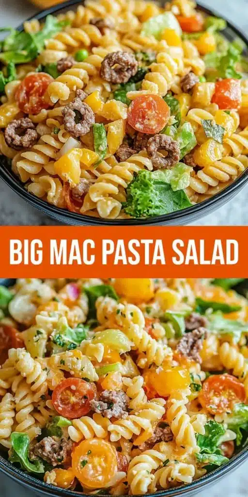 Big Mac Pasta Salad featuring creamy dressing, pasta, and fresh toppings.