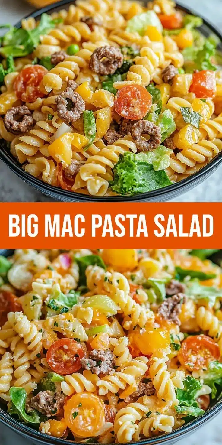 Big Mac Pasta Salad: A Creamy and Flavorful Crowd-Pleaser 4 Big Mac Pasta Salad featuring creamy dressing, pasta, and fresh toppings.