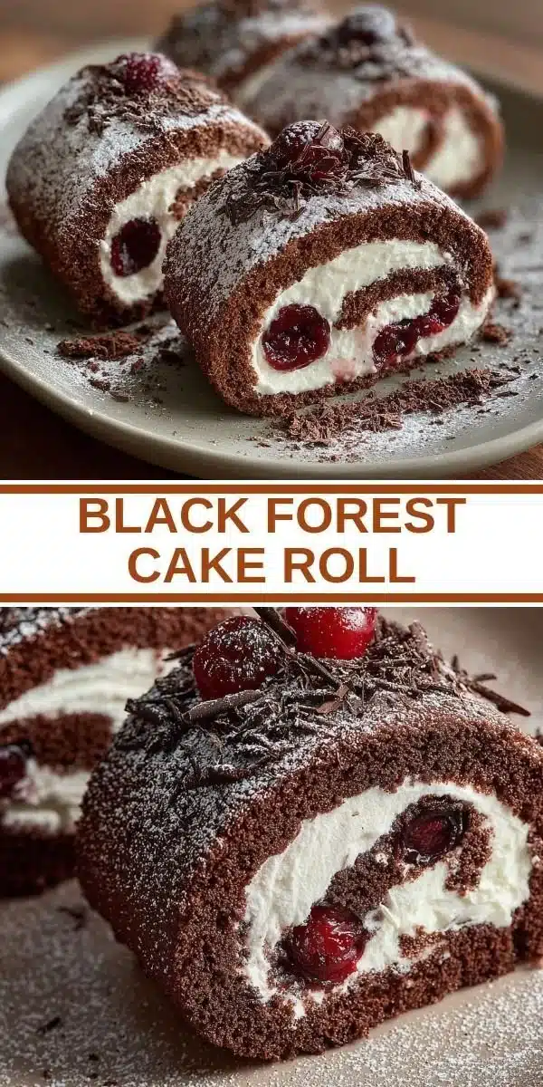 Delicious Black Forest Cake Roll with chocolate and cherries