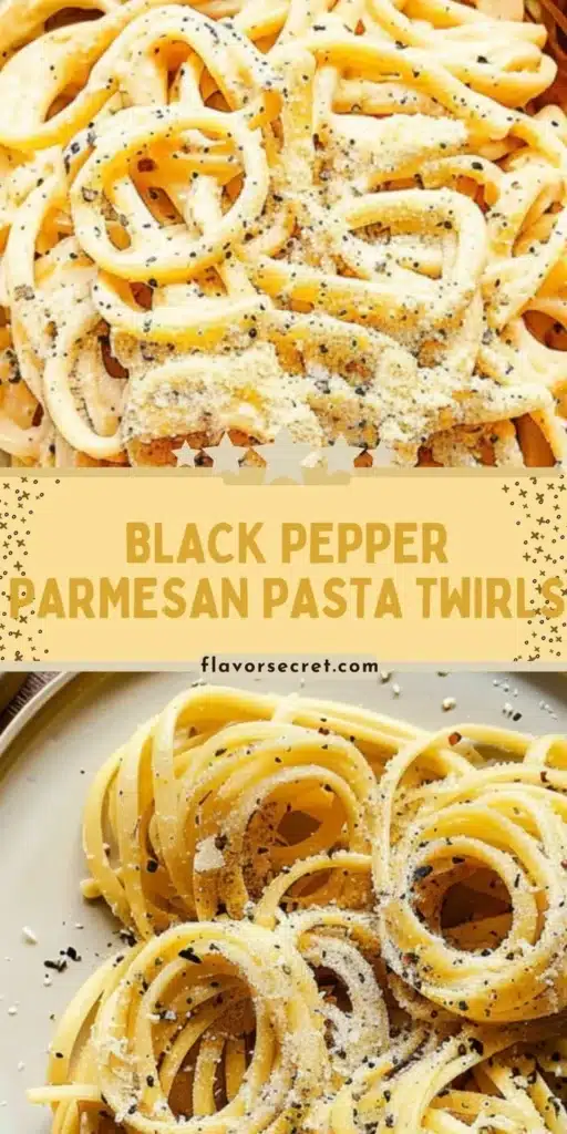 Plate of Black Pepper Parmesan Pasta Twirls garnished with fresh herbs