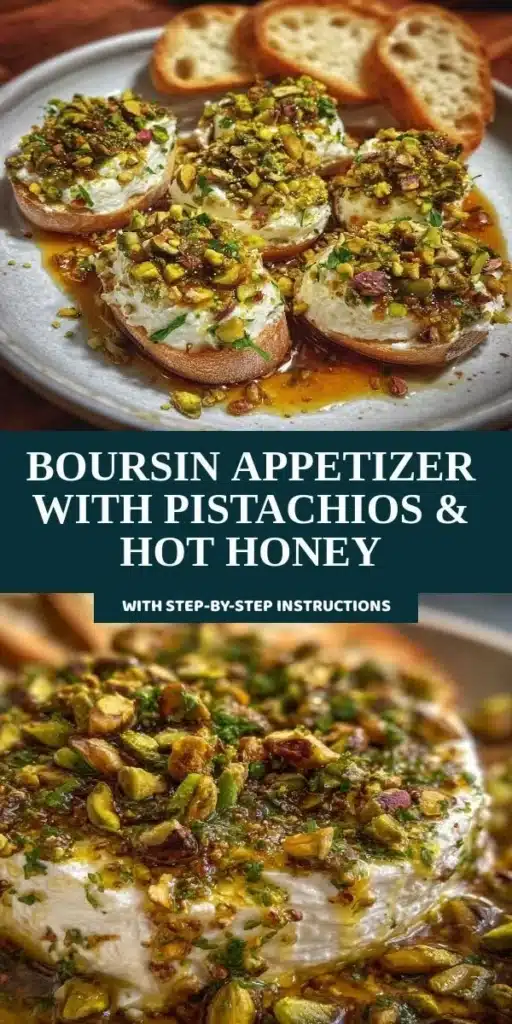 Boursin appetizer topped with pistachios and hot honey on a serving platter