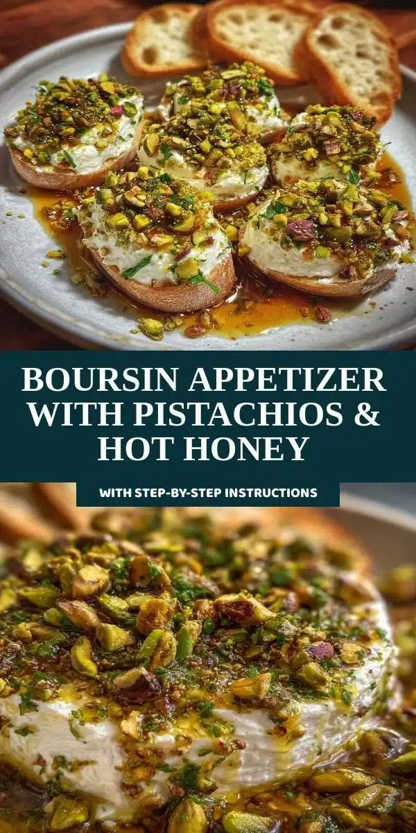 Boursin Appetizer with Pistachios & Hot Honey 4 Boursin appetizer topped with pistachios and hot honey on a serving platter