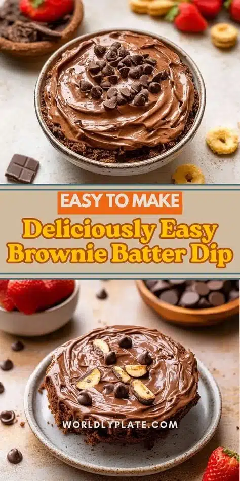 Brownie Batter Dip 4 Delicious brownie batter dip served in a bowl with a scoop and fresh strawberries