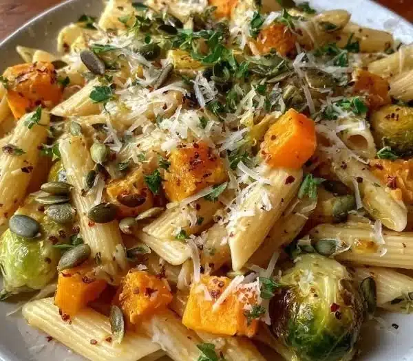 Healthy Brussels Sprouts and Butternut Squash Pasta dish with vibrant vegetables