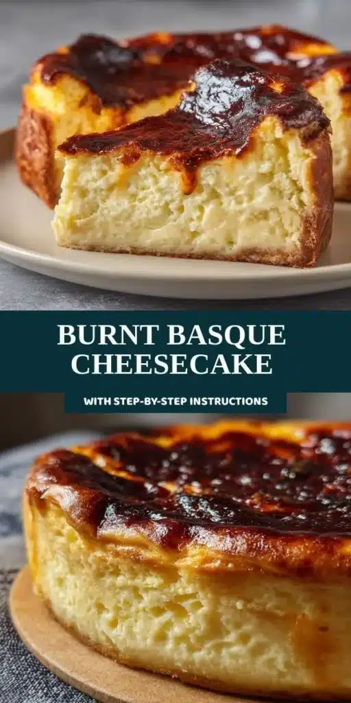 Delicious burnt Basque Cheesecake with a creamy texture and caramelized top.