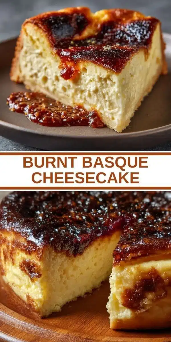 Slice of Burnt Basque Cheesecake with a caramelized top on a white plate.