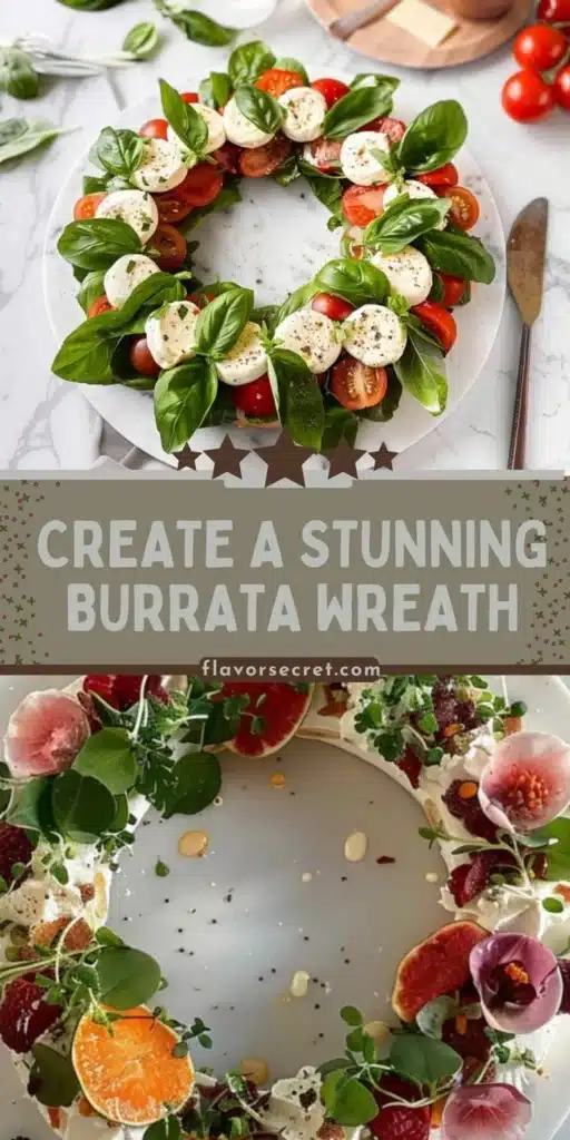 Delicious Burrata Wreath appetizer garnished with fresh herbs and tomatoes.