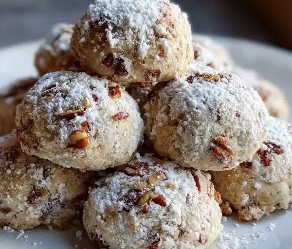 Buttery pecan snowball cookies dusted with powdered sugar on a plate