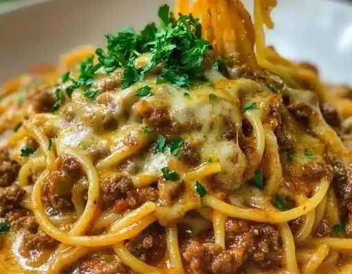 Delicious Cajun Beef Spaghetti topped with creamy three-cheese parmesan sauce