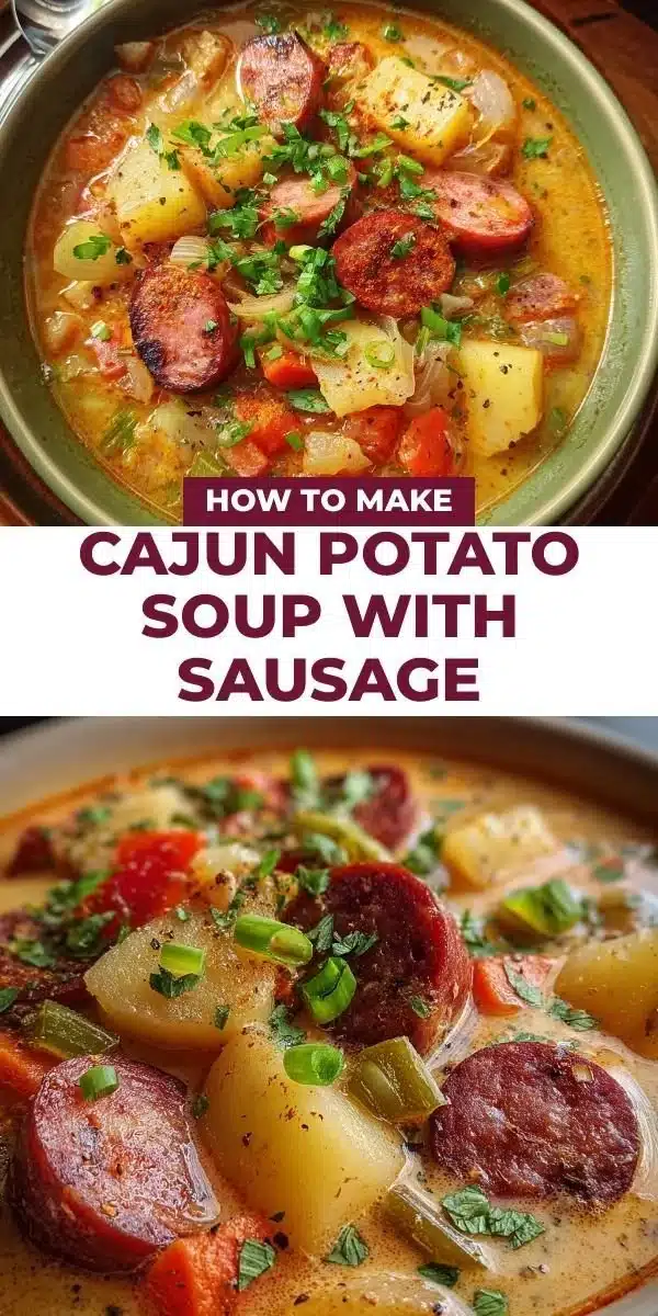 Bowl of Cajun Potato Soup with Sausage topped with green onions and spices