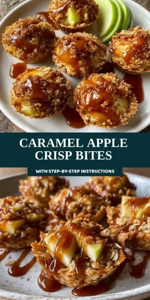 Delicious caramel apple crisp bites in a serving dish, topped with drizzled caramel
