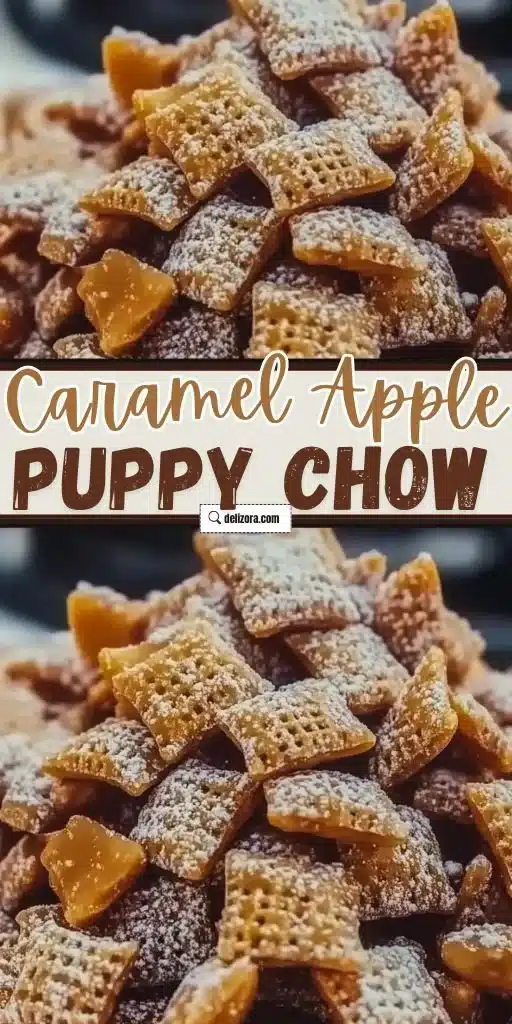 A bowl of Caramel Apple Puppy Chow with apple slices and caramel drizzle.