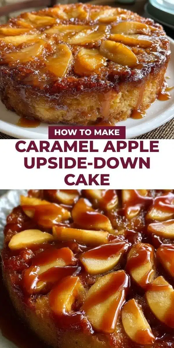 Delicious caramel apple upside down cake with fresh apple slices and caramel drizzle